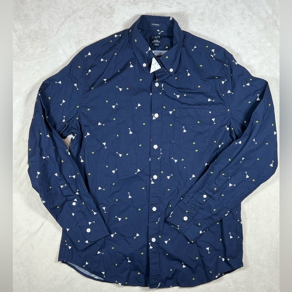 NWT Large J. Crew Classic Navy Shirt with Martini Glass All Over Print